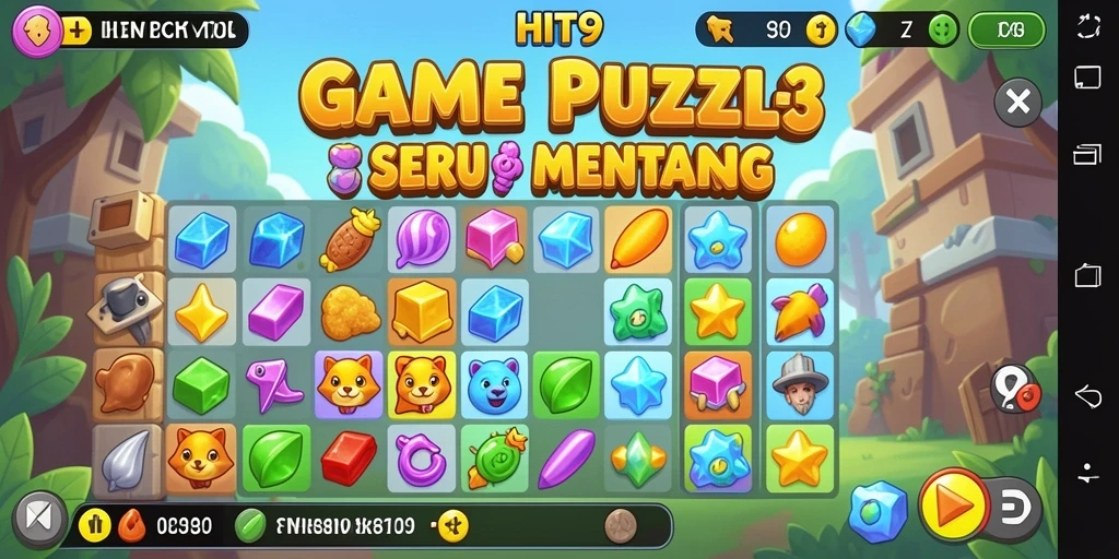 Screenshot gameplay HIT9 menampilkan kombinasi objek Match-3 yang colorful.
