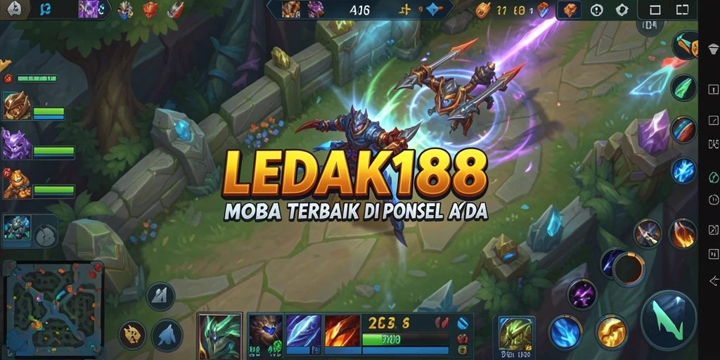Tampilan gameplay menegangkan di LEDAK188 dengan aksi MOBA yang seru.