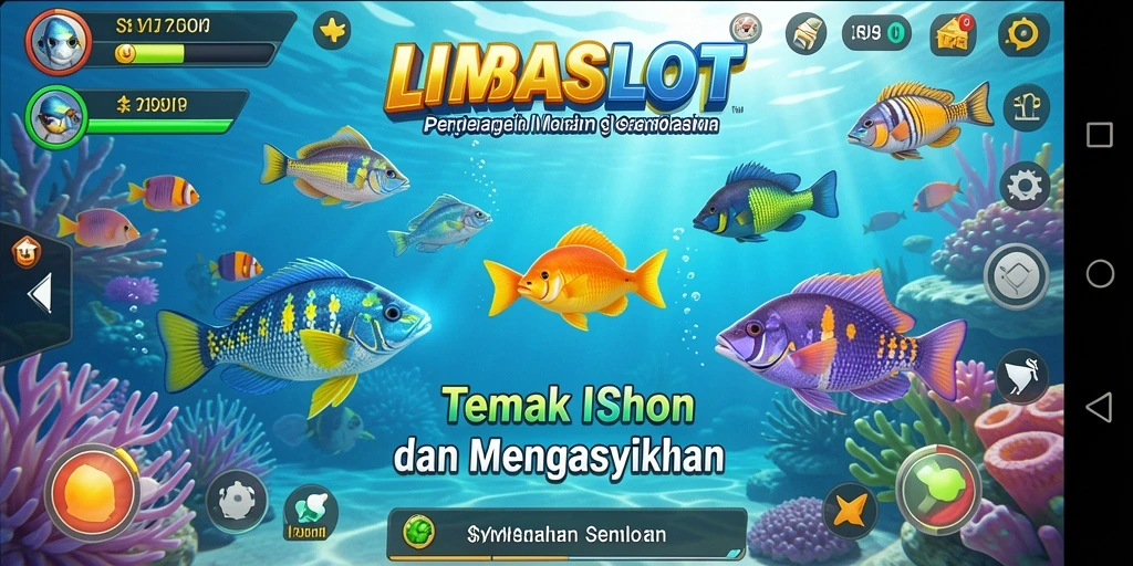Tampilan gameplay LMBASLOT dengan efek menembak ikan yang menarik.