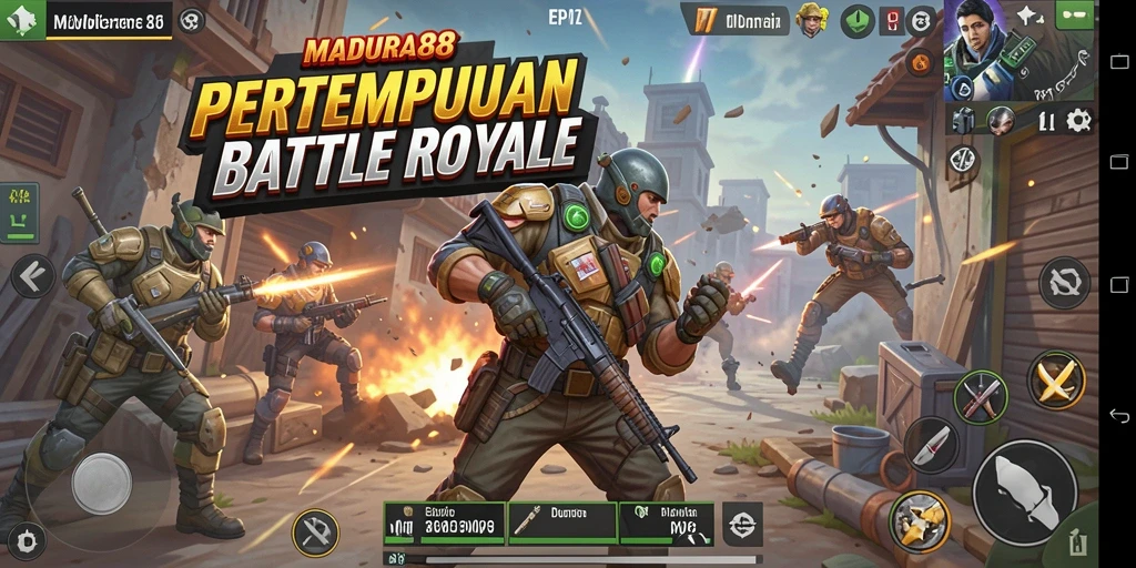 Screenshot utama MADURA88 menampilkan aksi intens dalam pertempuran Battle Royale.
