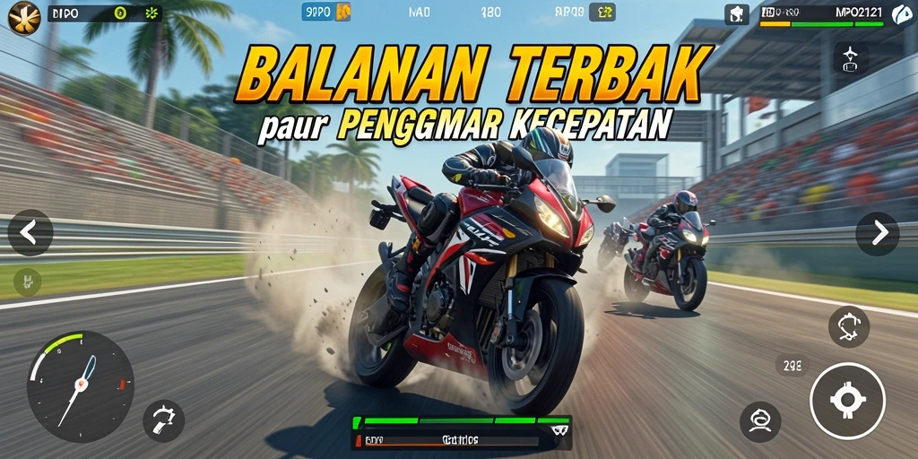 Screenshot gameplay MPO2121 yang menampilkan aksi balapan motor.