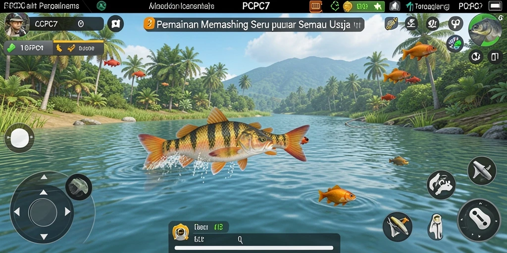 Screenshot gameplay PCPC7 menampilkan pengalaman memancing yang mendebarkan.