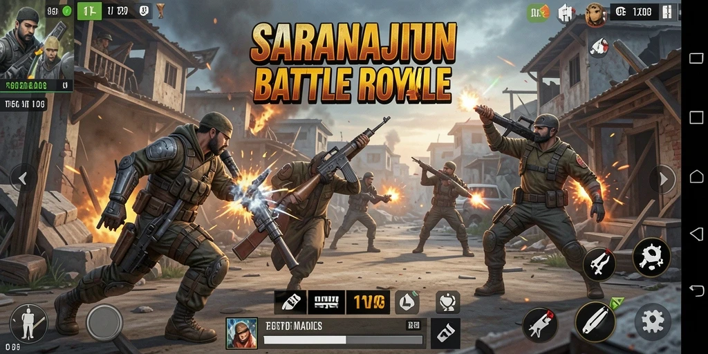 Gameplay SARANAJITU menampilkan aksi seru di medan perang Battle Royale.