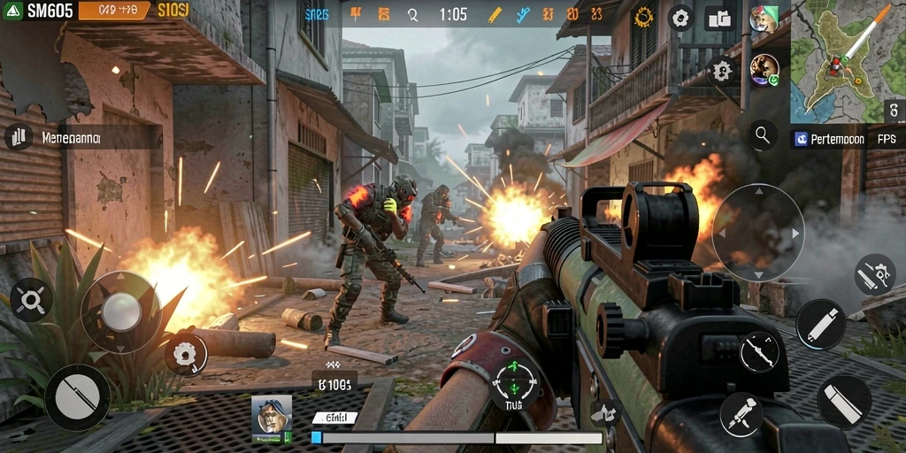 Screenshot gameplay SM605 menunjukkan aksi tembak-menembak yang dinamis.