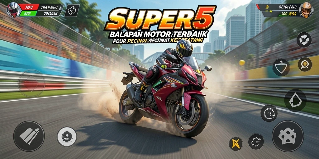 Gameplay SUPER5 dengan balapan motor yang menegangkan dan menantang.