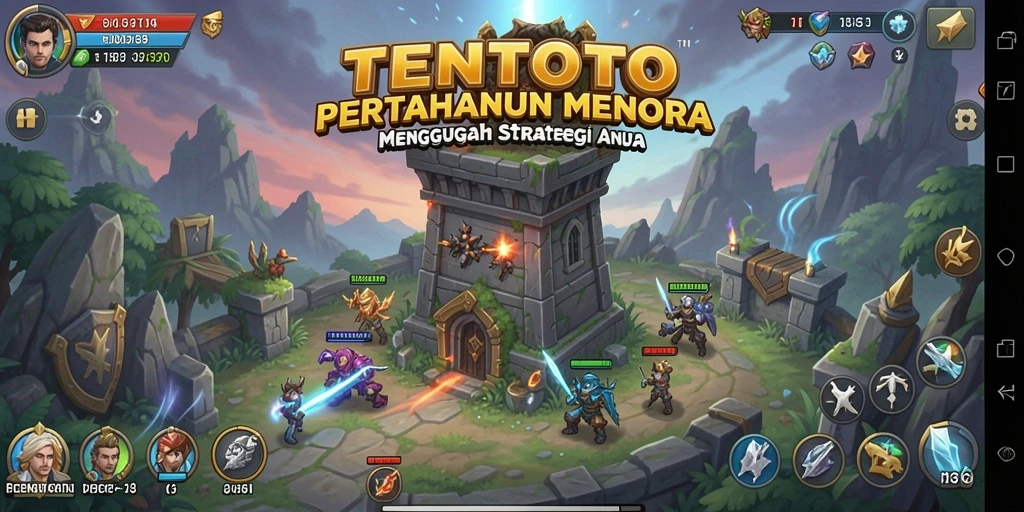 Screenshot gameplay TENTOTO yang menunjukkan menara berperang melawan musuh.