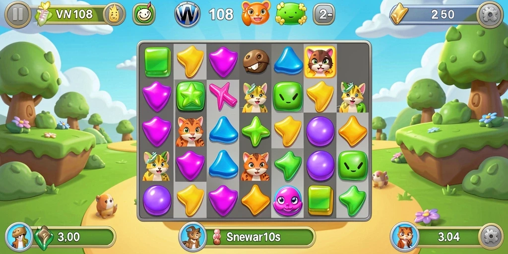Screenshot VW108 menampilkan gameplay Match-3 yang menarik dan penuh warna.